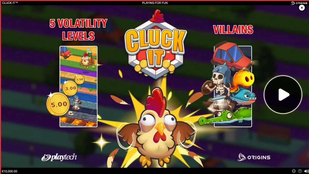 Tampilan visual permainan slot bertema peternakan Cluck It dengan karakter ayam yang lucu