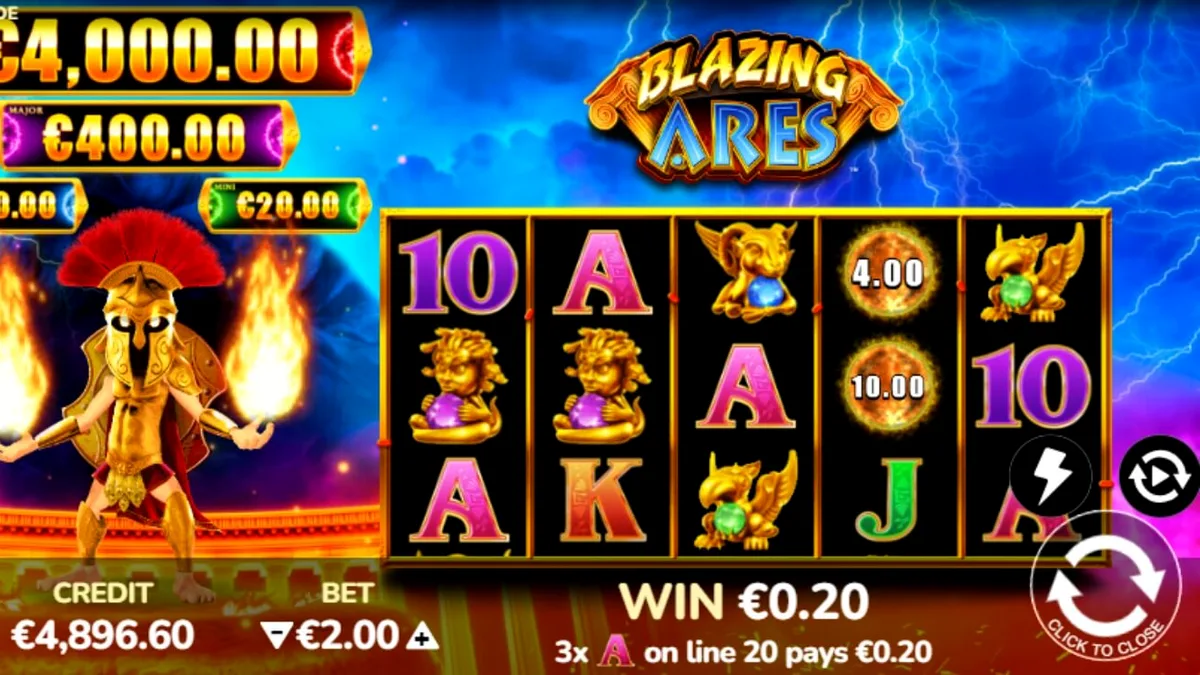 Visual dramatis dari slot Blazing Ares dengan latar belakang kuil Yunani yang terbakar