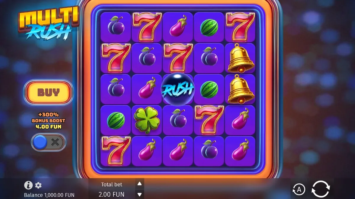Tampilan visual slot Multi Rush dengan simbol buah neon dan latar belakang futuristik