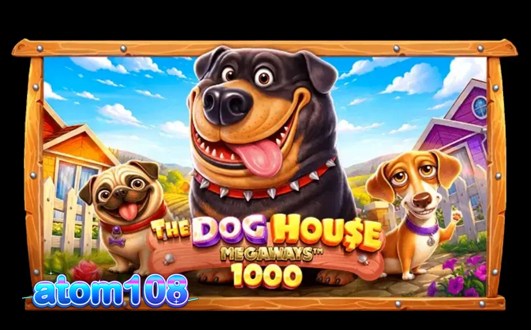 Tampilan visual slot The Dog House Megaways 1000 dengan karakter anjing yang lucu di latar pedesaan.